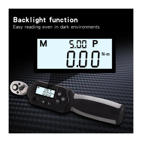 Heavy Duty Digital Torque Wrench With Backlit Display And Buzzer Alarm High Accuracy Electric Ratchet Detection Tool For Precise Screw Driving And Mechanical Projects showing illuminated display with torque readings.