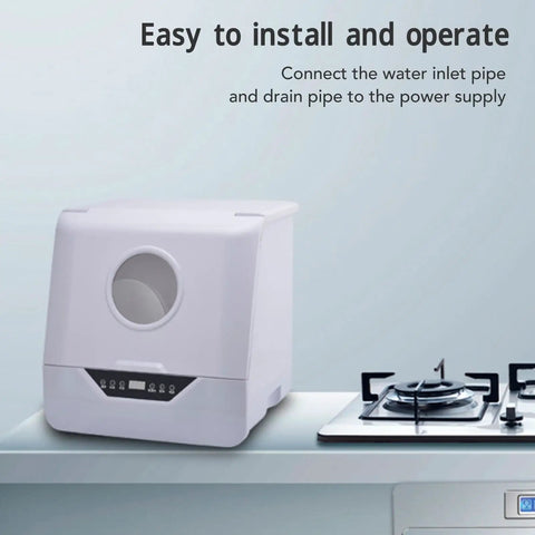 Real Deal Portable Countertop Dishwasher With Foolproof Leak Seal For Dorms Apartments RV Offices on a kitchen counter next to a stovetop.