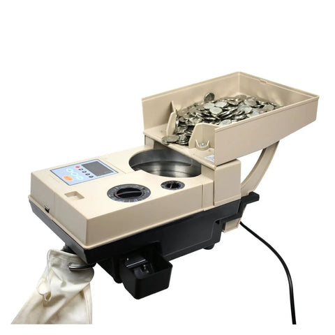 Automatic Coin Sorting Machine And Electronic Currency Counter, beige unit with coins, designed for high volume sorting.