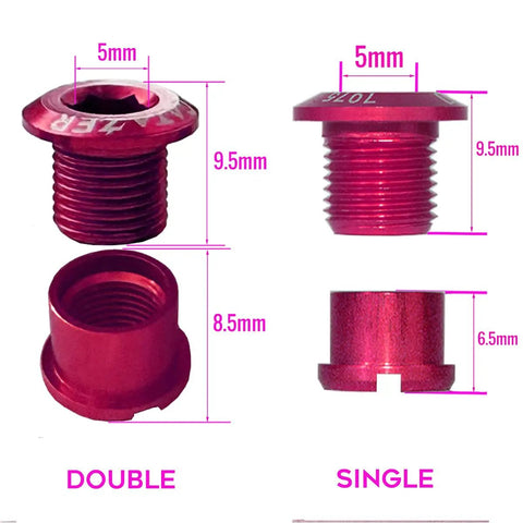 Pink 5 Pack 7075 Aluminum Chainring Bolts for Road And MTB Cranksets with 6.5mm and 9.5mm nuts shown from side view.