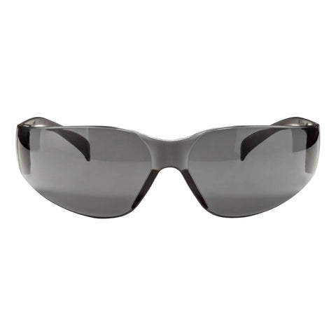Heavy Duty Outdoor Safety Eyewear Four Pack With Scratch Resistant Gray Lenses And Sleek Black Frames Lightweight Impact Protected Glasses Blocking Ninety Nine Point Nine Percent Of Harmful Uv Rays Ansi Certified Built Different Top Shelf Gear - front view of gray tinted safety glasses.