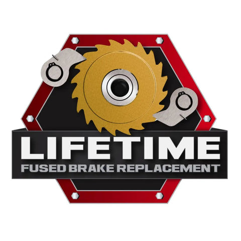 LIFETIME FUSED BRAKE REPLACEMENT logo featuring a yellow saw blade and mechanical components, showcasing durability and design.