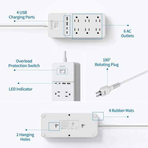 Two Prong To Six Outlet Power Strip With Ten Foot Extension Cord 2100J Surge Protector 1875W Six Outlets And Four USB Ports