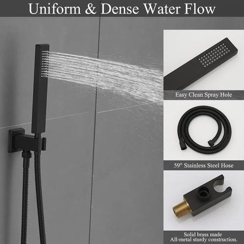 Level Up Your Daily Wash With This Matte Black Shower System Featuring An 8 Inch High Pressure Rain Head And Handheld Wall Mount Faucet Set With Rough In Valve Trim For A Smooth Install That Hits Different, showcasing a handheld wand with water flow.