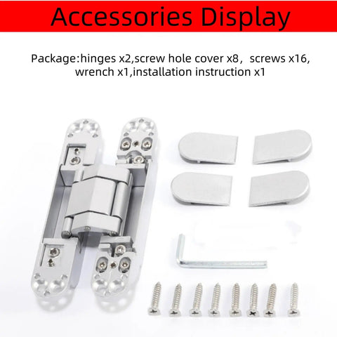Heavy Duty 6 Inch Hidden Door Hinges 180 Degree Flush Mount Concealed Butt Hinge 3 Way Adjustable hardware kit display with accessories.