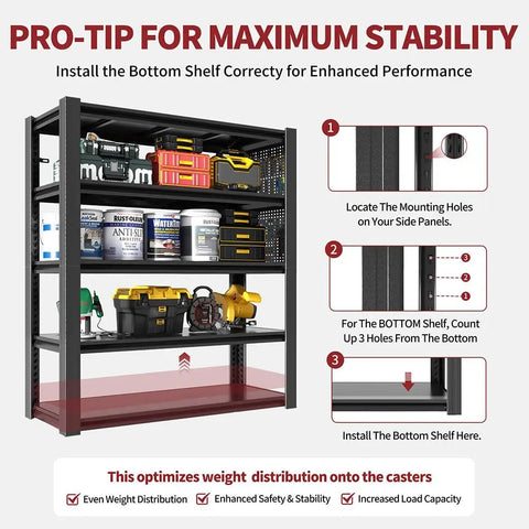 Beast Mode Heavy Duty 5 Tier Garage Shelving showing installation tips for bottom shelf stability, black metal frame, adjustable utility shelves.