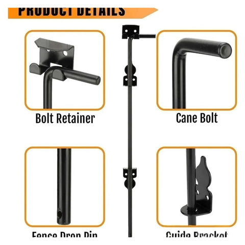 12 Inch Slide Bolt Latch Kit Drop Rod Gate Lock For Fence Courtyard And Outdoor Doors components overview