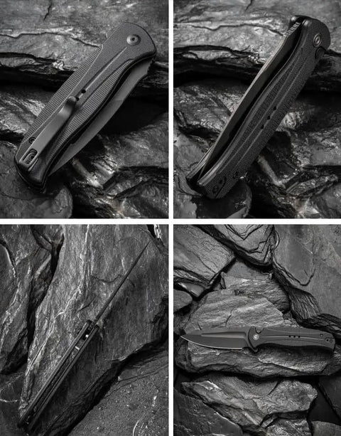 Premium Flipper Folding Pocket Knife Featuring A Razor Sharp 3.4 Inch 14C28N Swedish Steel Blade Crafted With A Sleek Machine Milled Handle For Sick Everyday Carry And Badass Rugged Outdoor Use, displayed from multiple angles on a rock surface.
