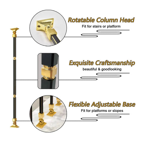 Built Heavy Adjustable Black Aluminum Stair Railing Spindles And Deck Balusters With No Stress Ground Mount detailed view of rotatable column head and flexible adjustable base.