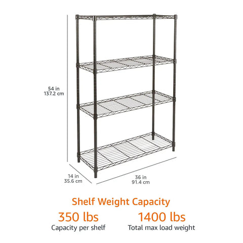 Built Tough Four Tier Steel Wire Rack Storage Shelving, 54x36x14 inch, holds 350 lbs per shelf, perfect for garage organizing.