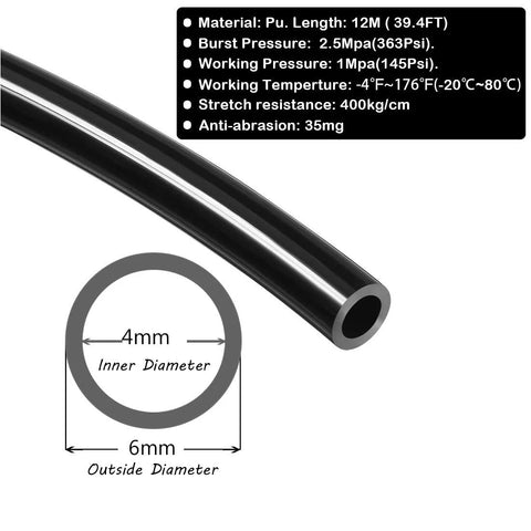 Beduan black PU pneumatic tubing, 6mm outer diameter and 4mm inner diameter, 12 m long (side view).