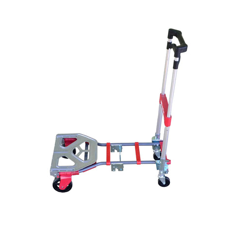 Fold Up Convertible Hand Truck with a 4 piece frame, red powder coated finish, vertical position for easy storage
