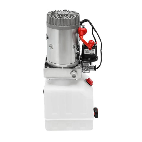 Straight Up Heavy Duty 12V Hydraulic Power Unit With 4 Quart Tank Single Acting Electric Pump showing pump design and tank.