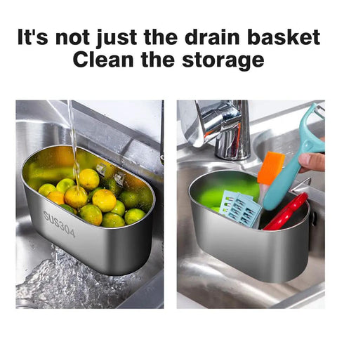 Super Solid Stainless Steel Hanging Sink Strainer Basket That Makes Catching Food Scraps Absolute No Sweat For Kitchen Drains Filters Gunk And Washes Produce Dead Simple Silver Finish with limes and utensils.