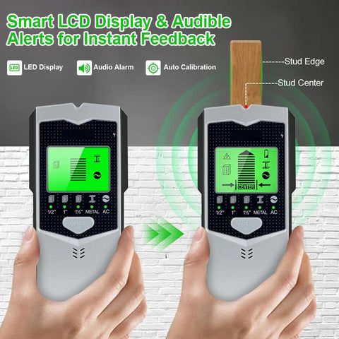 Heavy Duty Stud Finder Wall Scanner With 5 In 1 Smart Sensor showing LCD display detecting stud center and edge