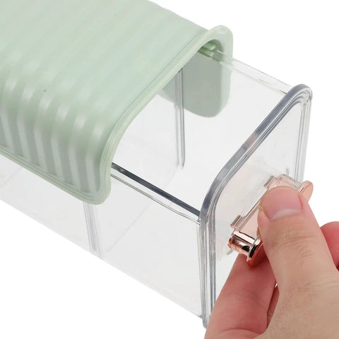 Slick Hanging Underwear Organizer Drawer Box For Socks Storage With Durable Wall Mount Hooks And Heavy Duty Plastic Wardrobe Sorting Bin shown with lid and hand detail.