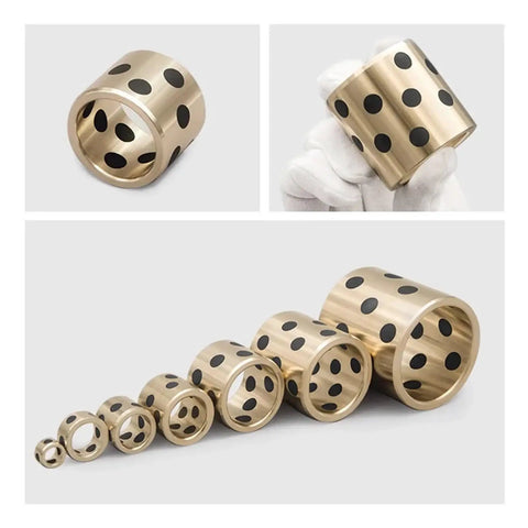 Top Shelf Brass Bushings Featuring Oil Infused Graphite Self Lubricating Design Copper Sleeves, size variations, black dot pattern.