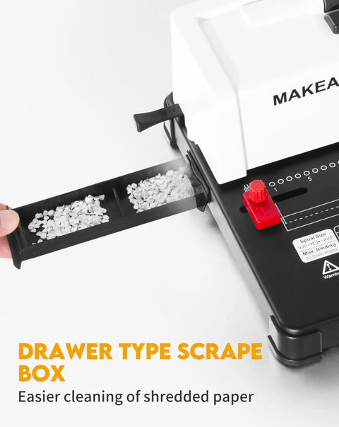 Smooth Operator Electric Spiral Binding Machine For Home Office, No Fuss Coil Insert With 4:1 Pitch, Punches 12 Sheets For A4 A5 Letter Size, Total Bang For Your Buck With 5 16 Inch Coils And Pliers showing a drawer type scrape box for easy cleaning.
