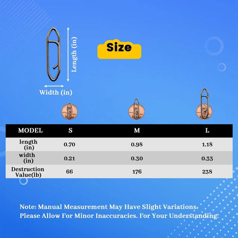 Size chart for 70 Pack Fishing Quick Clips And Swivels Kit For Saltwater And Freshwater Tackle Quick Change Barrel Swivels Lure Clips