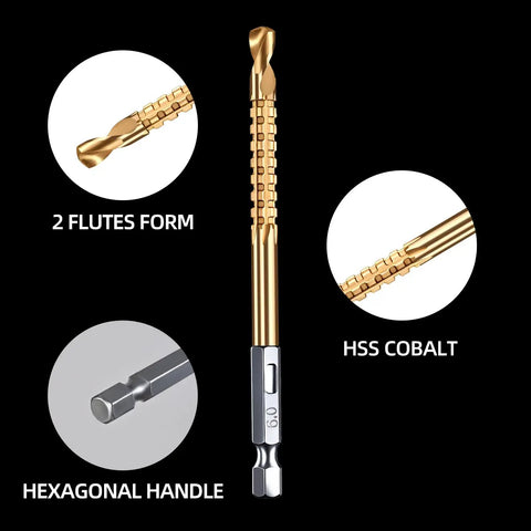 Pro Grade Step Drill Bits And Jobber Drill Bits Set With Titanium Plated HSS Hex Shank Featuring 2 Flutes Design and Hexagonal Handle