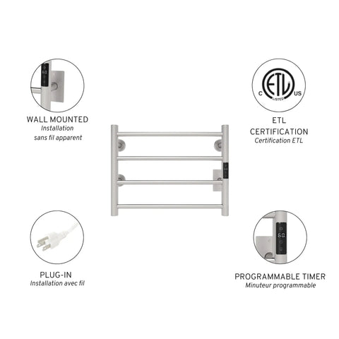 Diagram of Towel Warmer With Built In Timer And LED Indicators, 1 to 8 Hour Modes, On Off Power, Wall Mounted, Brushed Stainless Steel