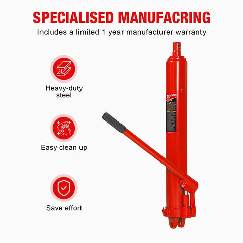 Heavy Duty Hydraulic Long Ram Jack 3 Ton Capacity Engine Hoist Cylinder With Clevis Base and Single Piston Pump, red steel design.