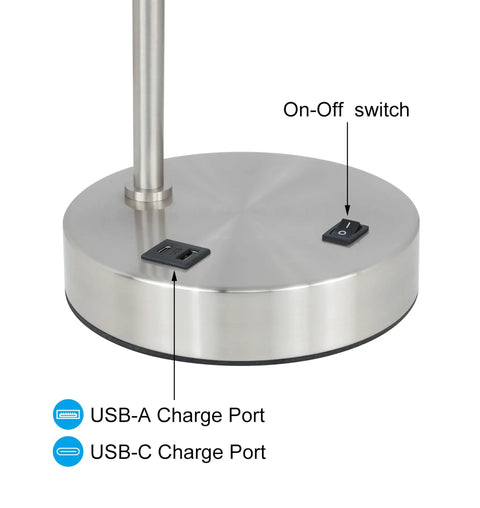 Base of Lit Brushed Nickel USB Desk Lamp With White Fabric Shade Sleek Modern Bedside Light For Bedroom Living Room USB ports and switch