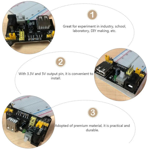 Six Piece Portable Power Supply Module For Breadboards, 3.3V And 5V Regulated Output, Input 6.5 To 12V DC, MB102 Compatible, Easy Install For Experiments And Industry Projects, Plug And Play Ready, black PCB module on breadboard