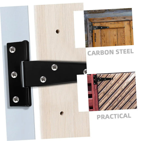 Five Inch Black Painted Galvanized T Type Weld On Door Hinges for exterior gates and shed doors with closeup on wood panel.