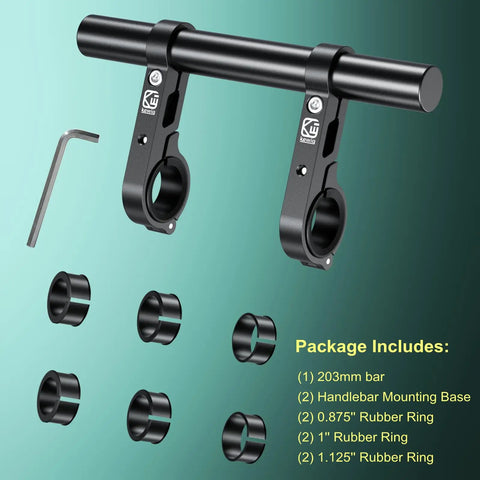 Handlebar Extender 8 Inch Cross Bar For Mounting Bike And Motorcycle Accessories, CNC aluminum, shown with mounting kit