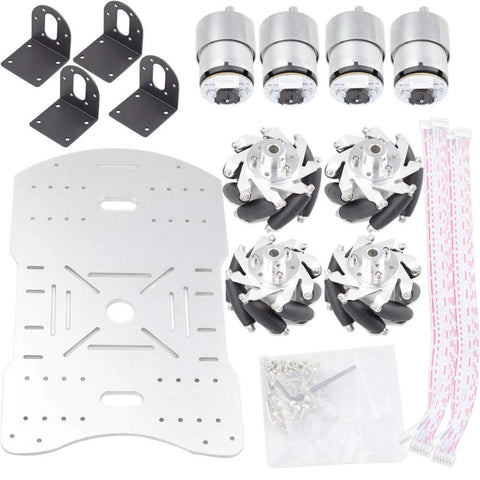 Silver 4WD robot car chassis kit with four 60mm mecanum wheels and four 12V high-torque motors