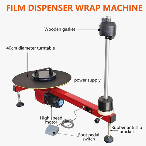 Top Shelf Electric Stretch Film Wrapping Machine Bench Dispenser For Swift Pallet And Box Shrink Wrap Operations Featuring Blazing Speed Motor And No Sweat Film Swapping, showing 40cm turntable and components.