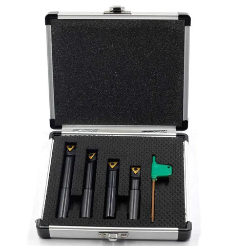 Half Inch Round Shank Boring Bar Set With 90 Degree Indexable Carbide Inserts TCMT21.51 TCMT110204 in protective case
