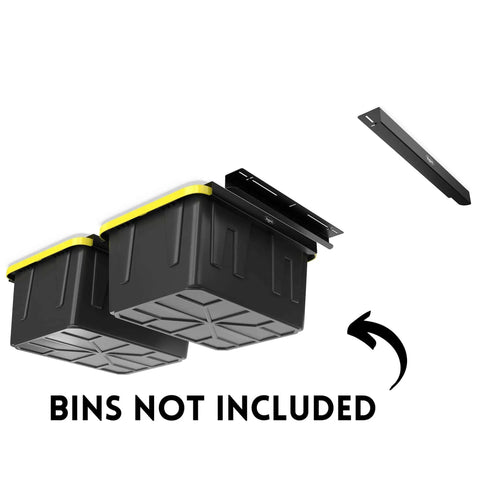 Overhead Bin Rack For Three Bins Ceiling Mounted Garage Storage Rack With Adjustable Width installed with two black and yellow totes