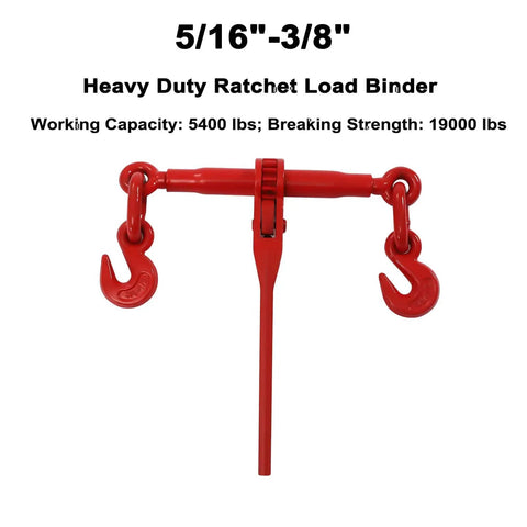 Heavy Duty Tie Down Kit With 5/16 To 3/8 Inch Chains And Ratchet Binders, 5400 Lbs Safe Working Load, red ratchet binder