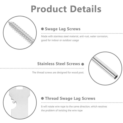Product details with swage lag screws, stainless steel, 3/16 in threaded lag screws for cable railing kits shown.