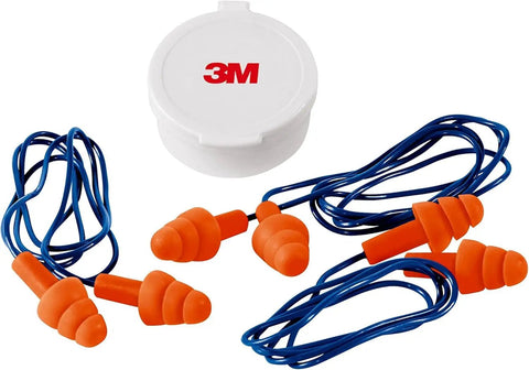 Reusable Corded Earplugs Bring You Rock Solid 25 Decibel Noise Reduction, Slick Tri Flange Fit For All Day Grinding, Washable Sound Blocking Hearing Protection For Worksites And Backyard Shindigs, Orange in a storage case.
