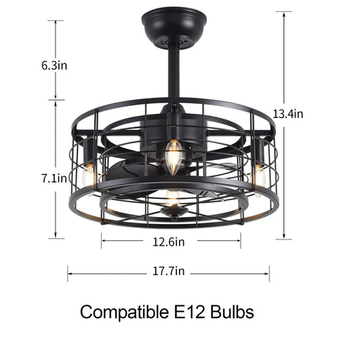 Enclosed Ceiling Fan With Lights Remote Control, Low Profile Dope Look, Reversible Motor With 3 Speed Settings, 4X E12 Bulb Bases, 20 Inch Black
