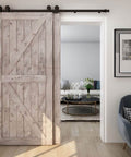 5.5 Foot Bypass Barn Door Hardware Kit For 33 Inch Double Doors, wood doors installed with T shape hangers in living room
