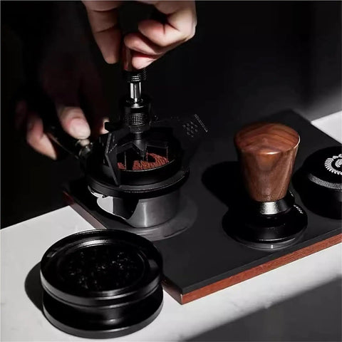 Kickstart Your Daily Grind With This Hella Sharp 58mm Needle Distributor And Wdt Espresso Tool showing precision use and magnetic base.