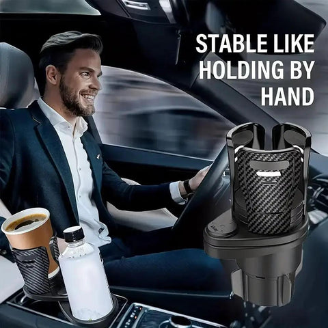 Slick 2 In 1 Center Console Cup Holder For Rivian R1S And R2 with coffee and water bottle in vehicle cup holder, stabilizing drinks.
