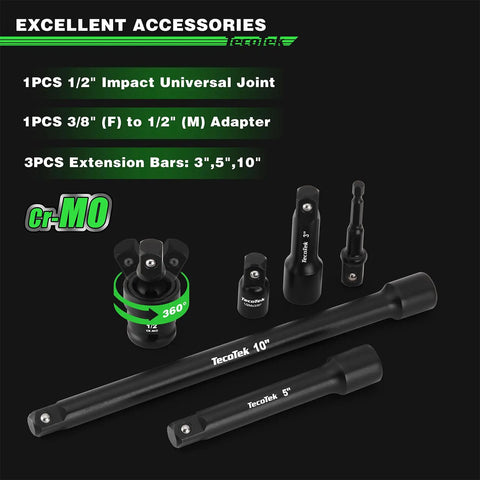 Heavy Duty One Half Inch Drive Deep 12 Point Impact Socket Set, 32 Piece SAE And Metric Kit extension bars and adapter