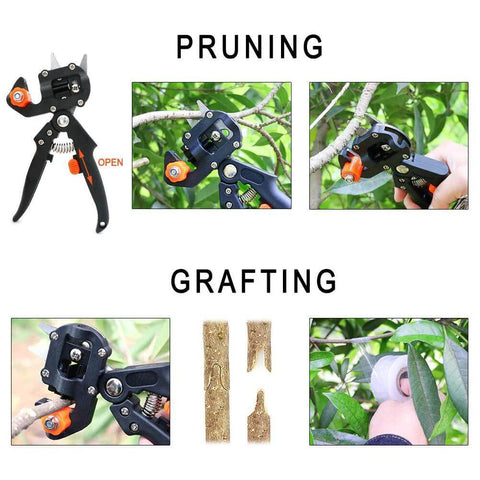 ZALALOVA 2-in-1 pruning and grafting tool kit, front view with grafting knife, blades, tapes, bands, and labels