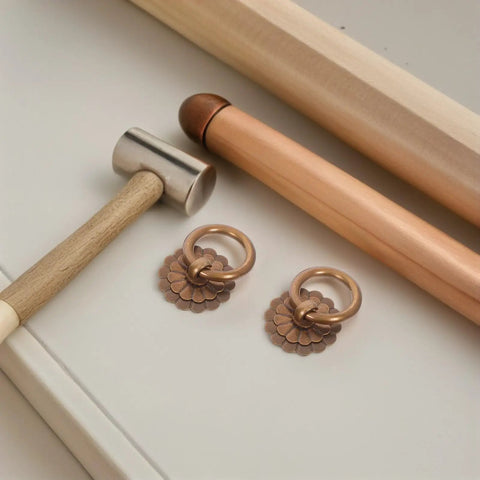 Six Piece Set Vintage Brass Ring Pull Handles For Cabinets And Drawers Retro Bronze Hardware with tools nearby
