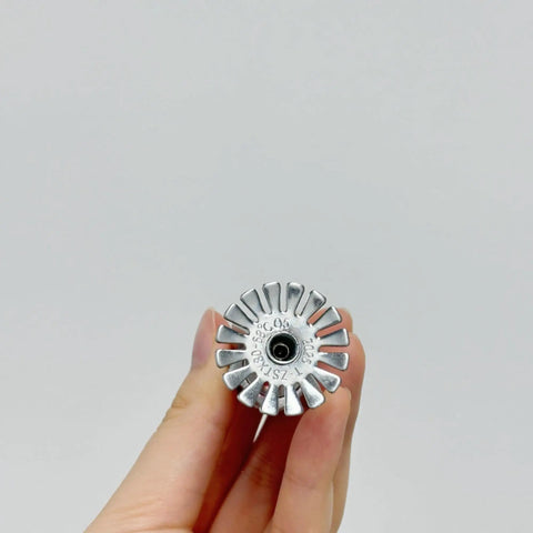 Heavy Duty 5 Pack Fire Sprinkler Heads With Automatic Thermal Trigger At 155 Degrees Fahrenheit Slick Chrome Plated Brass For Indoor Setup, top view of nozzle.