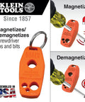 Klein Tools magnetizer and demagnetizer tool for screwdriver tips, orange plastic with keyring, assembled in USA.