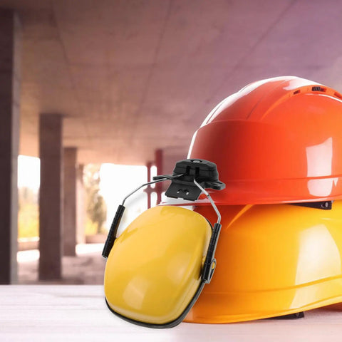 Heavy Duty Hard Hat Earmuffs With Hella Thick Sponge Cushions For Kickass Noise Reduction And Reliable Hearing Protection On Any Big Construction Jobsite Today, mounted on orange hard hats.