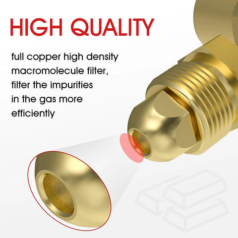 Close-up of brass welding gas regulator fitting with visible internal mesh filter