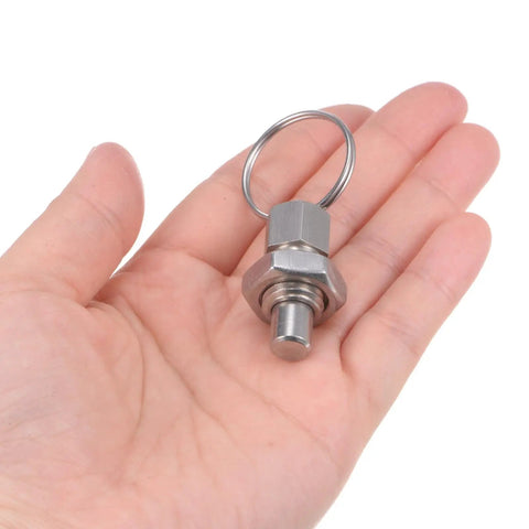 Top Notch 3 Pack Spring Plunger Pins M12 X 1.75 Thread Flat Head Stainless Steel Hardware held in hand.
