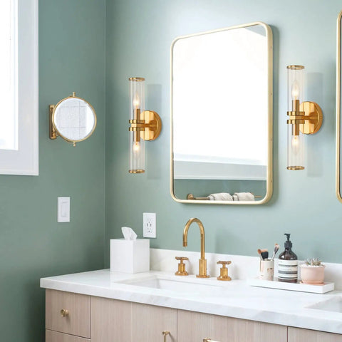 Gold Wall Sconce Lights Two Pack With Candle Shaped Glass Shades Brushed Brass Mid Century Vanity Wall Lamps in bathroom decor